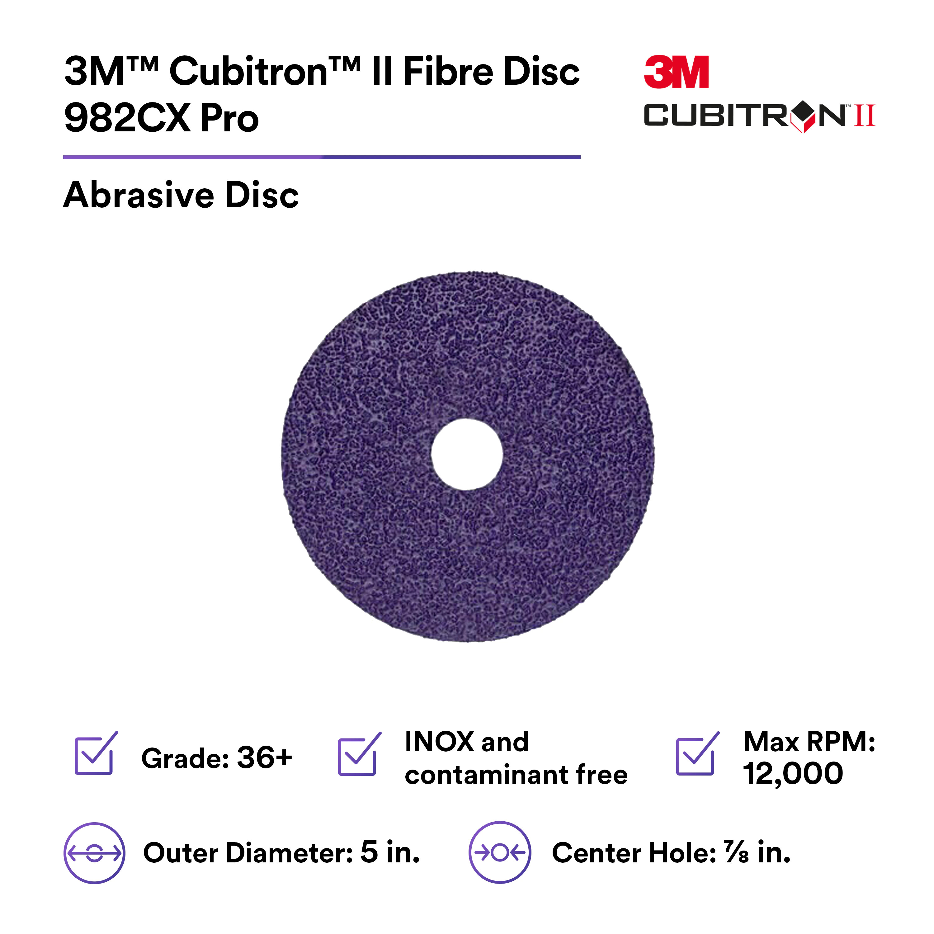 3M™ Cubitron™ II Fibre Disc 982CX Pro, 36+, 5 in x 7/8 in, Die 500P, 25 per inner, 100 per case